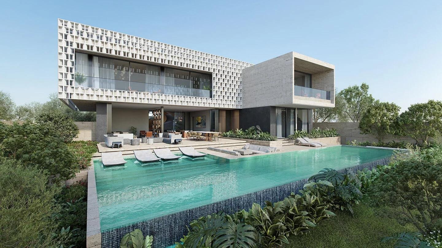 Modern luxury villa facade at Hudayriyat Villas with contemporary architecture and outdoor spaces